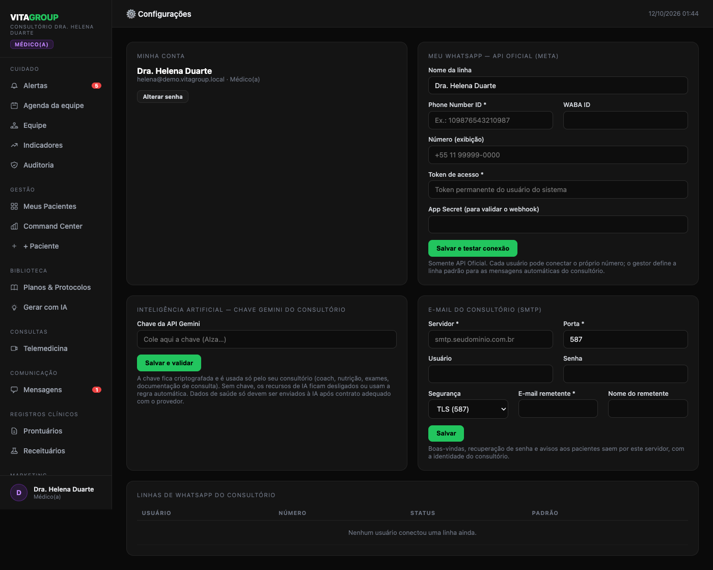 Tela de Configurações (visão do médico/gestor)