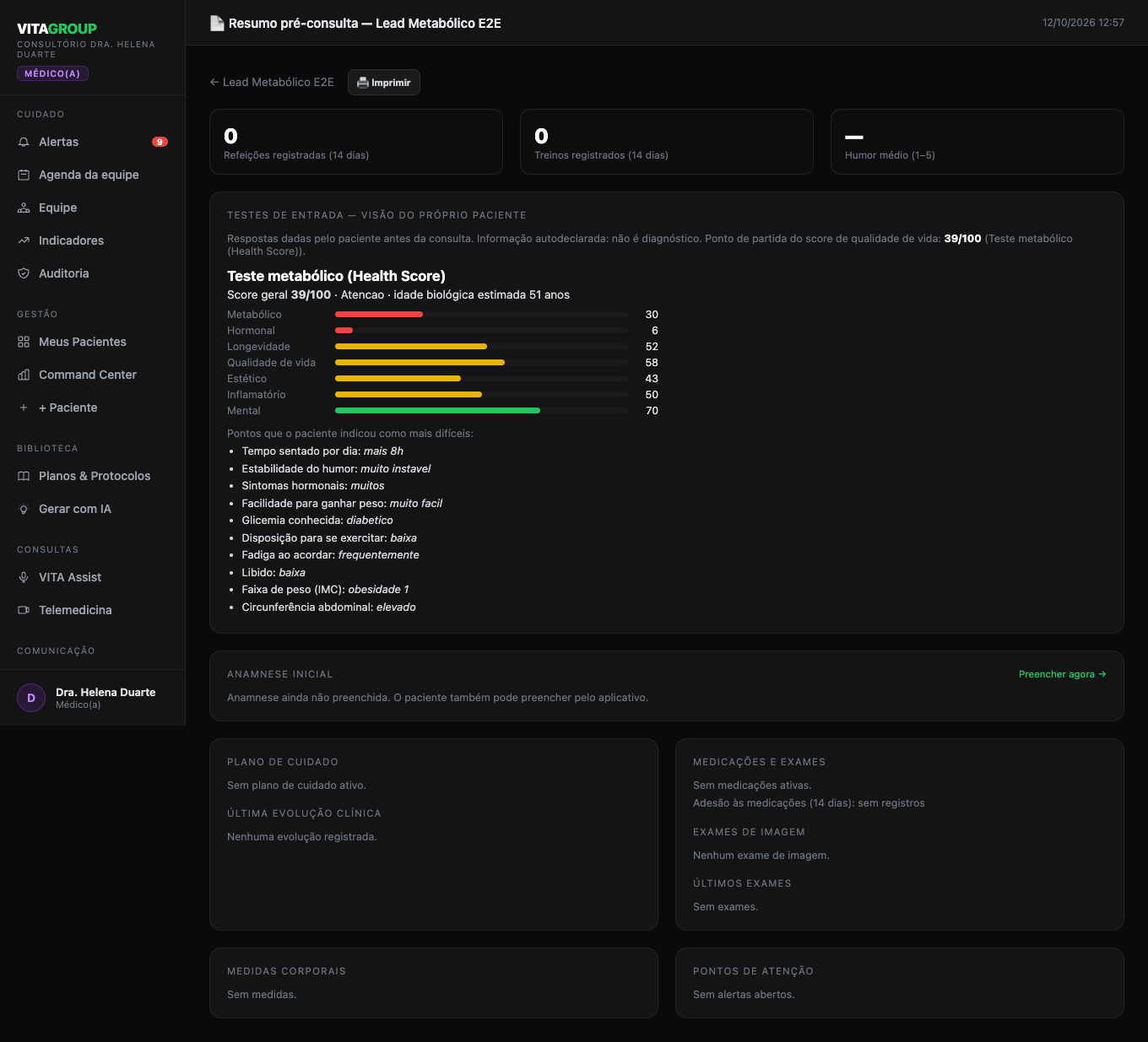 Resumo pré-consulta: testes de entrada com score, módulos e pontos de atenção