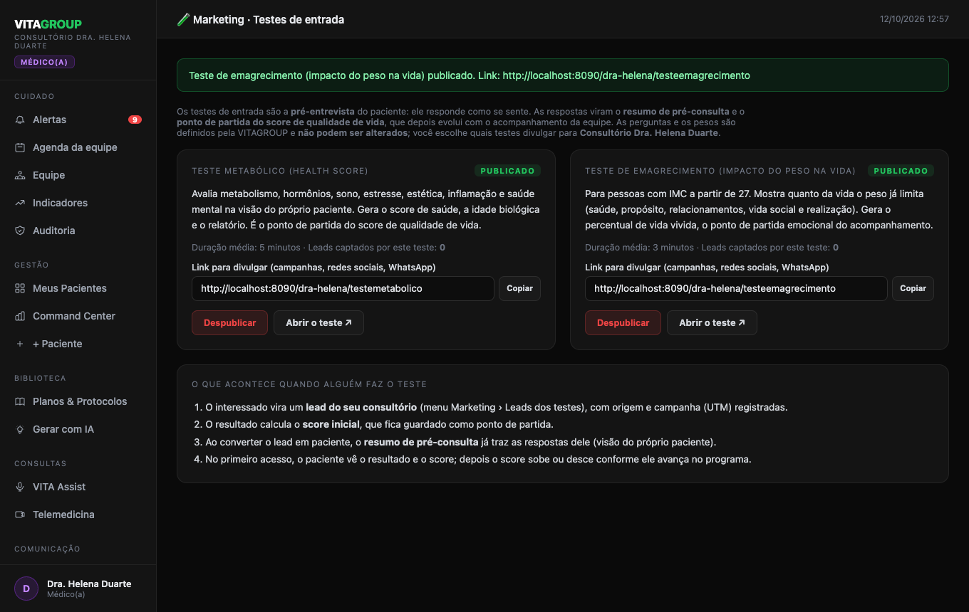Testes publicados, com o link de cada um para divulgar